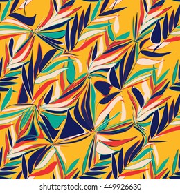 Tropical abstract palm leaves pattern. Branches and leaves of tropical plants. Vector illustration.