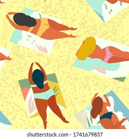 Tropical abstract pattern with girls sunbathing on a beach. Body positive. Vector seamless texture.