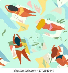 Tropical abstract pattern with girls sunbathing on a beach. Body positive. Vector seamless texture.