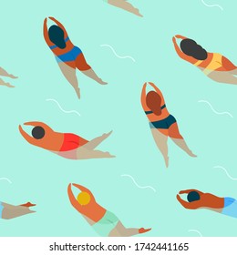 Tropical abstract pattern with people floating in the sea. Body positive. Vector seamless texture.