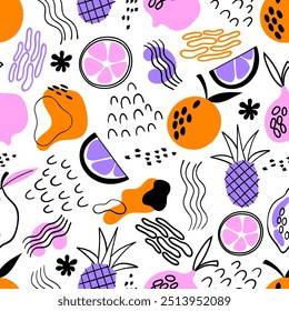 Tropical abstract seamless pattern. Abstract fruits with different geometric shapes. Abstract background. Pattern for textile, wrapping paper, background.
