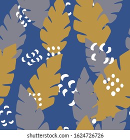 Tropical abstract seamless pattern with grey and brown leaves on classic blue background. Vector stock illustration for fabric, textile, wallpaper, posters, paper. Fashion floral print. Doodle style.