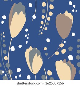 Tropical abstract seamless pattern with grey and brown flowers on classic blue background. Vector stock illustration for fabric, textile, wallpaper, posters, paper. Fashion floral print. Doodle style.
