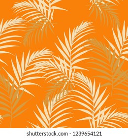 Tropical abstract seamless pattern with leaves. Beautiful tropical isolated leaves. Fashionable summer background with leaves for fabric, wallpaper, paper, covers. Bright orange background.