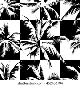 Tropical abstract seamless pattern - palms on a black and white geometric background