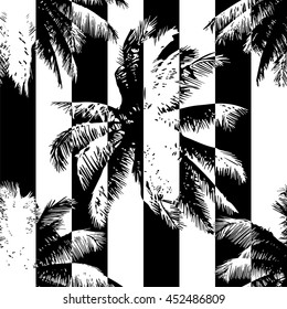 Tropical abstract seamless pattern - palms on a black and white geometric background