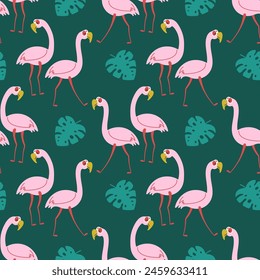 Tropical abstract seamless pattern with pink flamingos and monstera leaves on a dark green background. Design for fabric, textile, wrapping paper and other decoration.