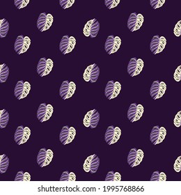 Tropical abstract seamless pattern with purple monstera leaf ornament. Dark background. Little exotic foliage. Stock illustration. Vector design for textile, fabric, giftwrap, wallpapers.