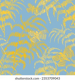 Tropical abstract vector background. Blue and yellow jungle pattern with palm leaves and butterflies. Oriental floral design for textile, bed linen, wallpaper, carpet and any surface. 