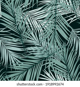 Tropical abstract vintage blue leaves seamless pattern. Exotic tropical forest for wallpaper, greeting card and fashion design. Black background.