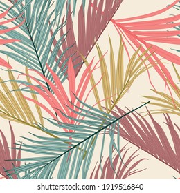 Tropical abstract vintage abstract color leaves seamless pattern. Exotic tropical forest for wallpaper, greeting card and fashion design. Beige background.