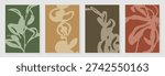Tropical abstract wall art vector set with forest green foliage, mustard accents, and warm terracotta tones. Modern botanical design for posters, prints, packaging, branding.