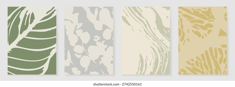 Tropical abstract wall art vector set with sage foliage, cream ivory textures, and soft golden accents. Minimal botanical design for posters, prints, decor, branding.