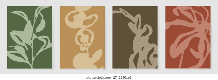 Tropical abstract wall art vector set with forest green foliage, mustard accents, and warm terracotta tones. Modern botanical design for posters, prints, packaging, branding.