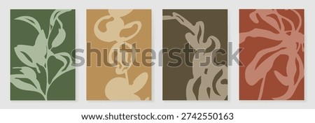 Tropical abstract wall art vector set with forest green foliage, mustard accents, and warm terracotta tones. Modern botanical design for posters, prints, packaging, branding.