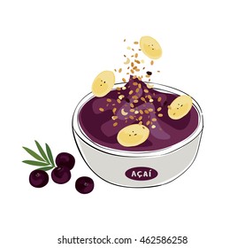 tropical acai: illustration of an acai bowl with granola and banana