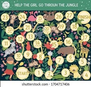Tropical adventure board game for children with cute animals, plants, birds, fruits. Educational exotic  boardgame. Help the girl go through the jungle. Summer game for kids
