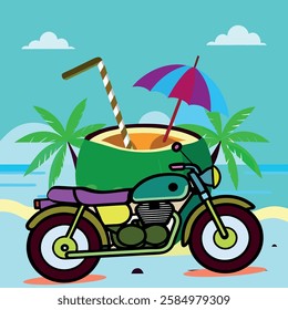 Tropical Adventure: Motorcycle and Coconut Drink on the Beach.