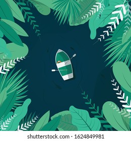Tropical aerial view of boat and leaves
