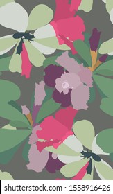 Tropical aesthetic "Adenium flowers" flat design, pastel tint green pink and purple, cool modern - classic minimal seamless pattern