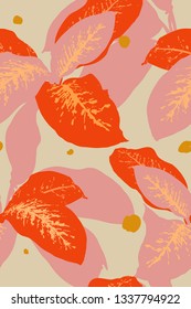 Tropical aesthetic hand draw leaf, pastel retro vintage minimal seamless pattern