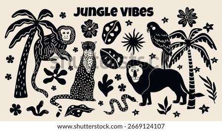 Tropical aesthetic, jungle vibes vector sticker elements set. Collection of monochrome groovy funky cartoon illustration of palm tree, exotic plants, flowers, animals, lion, cheetah, monkey, parrot