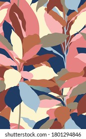 Tropical aesthetic tropical leaves outline shapes, sweet tint pastel retro vintage flat design simple seamless pattern