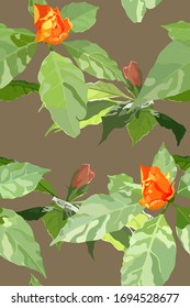 Tropical aesthetic Rose Cactus flowers (Pereskia grandifolia) flat detail design, pastel tint green and brown, minimal green and fresh seamless pattern