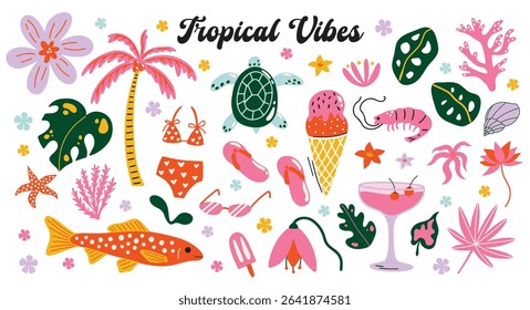 Tropical aesthetic, summer sea vacation vibes, holiday themed vector sticker elements set. Collection of groovy funky cartoon illustration ocean beach objects, palm tree, drink, exotic fish, shell
