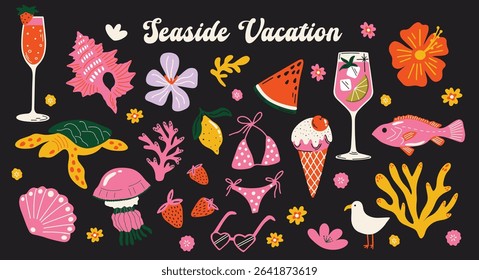 Tropical aesthetic, summer seaside vacation, holiday themed vector sticker elements set. Collection of cute groovy funky cartoon illustration of sea beach objects, drinks, exotic plants, fish, shells