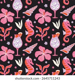 Tropical aesthetic, summer vacation vibes, holiday themed seamless vector pattern with  cute groovy funky cartoon illustration of sea beach objects, hawaii island, cocktail, shell, exotic flower