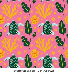 Tropical aesthetic, summer vacation vibes, holiday themed seamless vector pattern with  cute groovy funky cartoon illustration of sea beach objects, hawaii island, turtle, coral reef, exotic plants