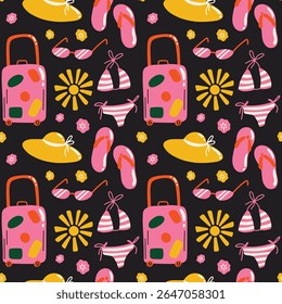 Tropical aesthetic, summer vacation vibes, holiday themed seamless vector pattern with  cute groovy funky cartoon illustration of sea beach objects, baggage, swimsuit, flip flops, sunglasses