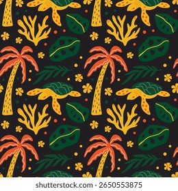 Estética tropical, vibrações de férias de verão, padrão vetorial sem emenda temático com desenho animado funky groovy ilustração de palmeira, tartaruga, recife de coral, plantas exóticas, vida selvagem da selva