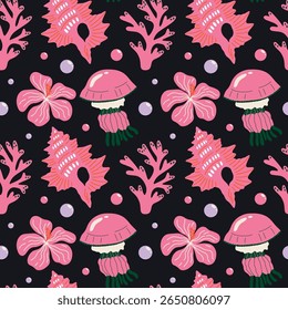 Estética tropical, vibrações de férias de verão, feriado temático padrão de vetor sem costura com ilustração de desenho animado groovy funky bonito do mar, oceano subaquático, águas-vivas, flor exótica, recife de coral, concha 