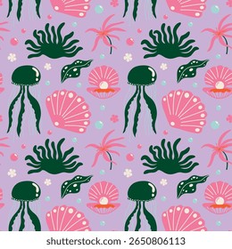 Tropical aesthetic, summer vacation vibes, holiday themed seamless vector pattern with  cute groovy funky cartoon illustration of sea or ocean underwater, exotic plants, jellyfish, seashells 