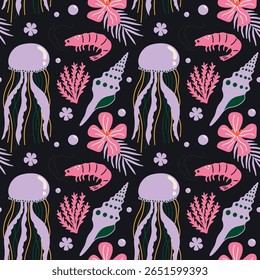 Estética tropical, vibrações de férias de verão, feriado temático padrão de vetor sem emenda com ilustração de desenho animado groovy bonito funky do mar ou oceano subaquático, águas-vivas, plantas exóticas, flores, concha