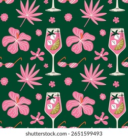 Tropical aesthetic, summer vacation vibes, holiday themed seamless vector pattern with  cute groovy funky cartoon illustration of sea beach objects, cocktail drink, exotic plants, flowers, sunglasses 