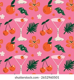 Tropical aesthetic, summer vacation vibes, holiday themed seamless vector pattern with  cute groovy funky cartoon illustration of sea beach party, martini cocktail drink, exotic plants, flower, fruits