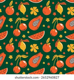 Tropical aesthetic, summer vacation vibes, holiday themed seamless vector pattern with  cute groovy funky cartoon illustration of exotic fruits, cherry, lemon, orange, papaya, flowers, plants