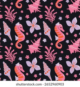 Tropical aesthetic, summer vacation vibes, holiday themed seamless vector pattern with  cute groovy funky cartoon illustration of sea or ocean underwater, seahorse, plants, seashell, coral reef