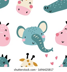 Tropisches Afrika. Nahtloses Muster mit süßen Tierschauern. Childischer Druck für Kindergarten im skandinavischen Stil. Für Babybekleidung, Innenausstattung, Verpackung. Vektorillustration Cartoon Illustration in Pastellfarben.