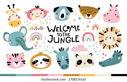 Tropical Africa Set. Welcome to the jungle. Cute animals faces. Childish print for nursery in a Scandinavian style. For baby posters, cards, clothes. Vector cartoon illustration in pastel colors.