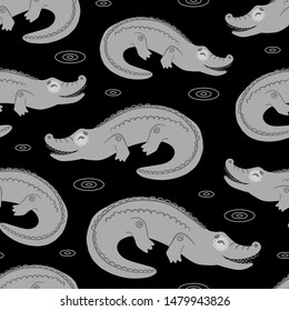 Tropical african animal crocodile. Seamless pattern isolated on black background. Cartoon cute greyscale illustration for t-shirts, fabrics, wrapping paper, printing, web. Vector 