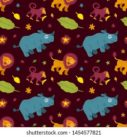 Tropical african animals rhino, monkey, lion and plants. Seamless pattern on dark background. For t-shirts, fabrics, wrapping paper, printing, web. Vector illustration