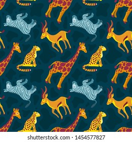 Tropical african cute animals giraffe, zebra, cheetah. Seamless pattern on dark background. For t-shirts, fabrics, wrapping paper, printing, web. Vector illustration