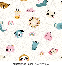 Tropical african rainbow Seamless pattern with cute animals faces. Childish print for nursery in Scandinavian style. For baby clothes, interior packaging. Vector cartoon illustration in pastel colors.