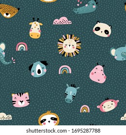 Tropical african rainbow Seamless pattern with cute animals faces. Childish print for nursery in a Scandinavian style. For baby clothes, packaging. Vector cartoon illustration in pastel colors.