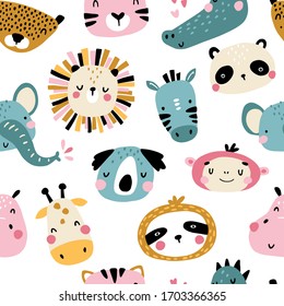 Tropical african Seamless pattern with cute animals faces. Childish print for nursery in a Scandinavian style. For baby clothes, interior, packaging. Vector cartoon illustration in pastel colors.