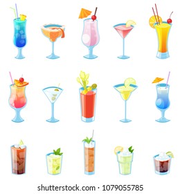 Tropical alcohol cocktails vector illustration. Set of isolated beverages and drinks icons.